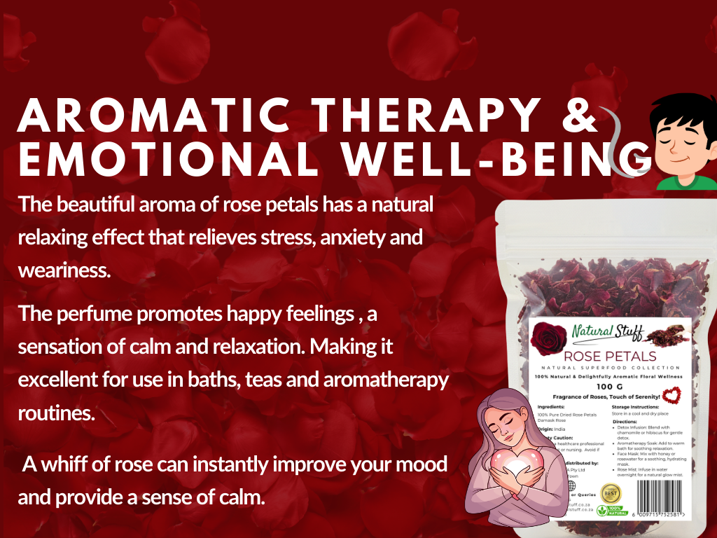 Advertisement for rose petals with text on aromatherapy and emotional well-being against a red background.