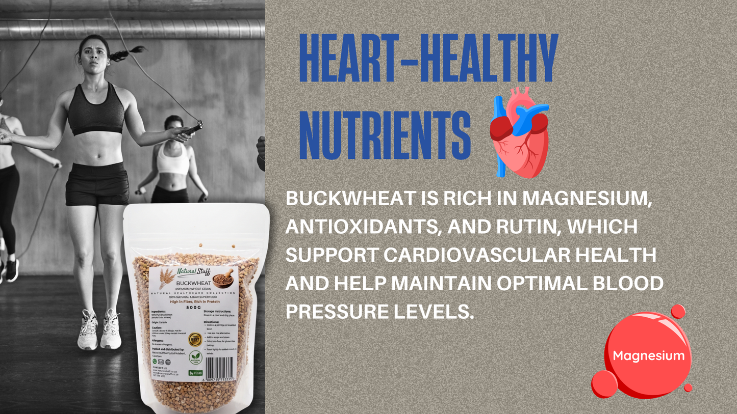 Buckwheat package with promotional text about heart-healthy nutrients and magnesium benefits.