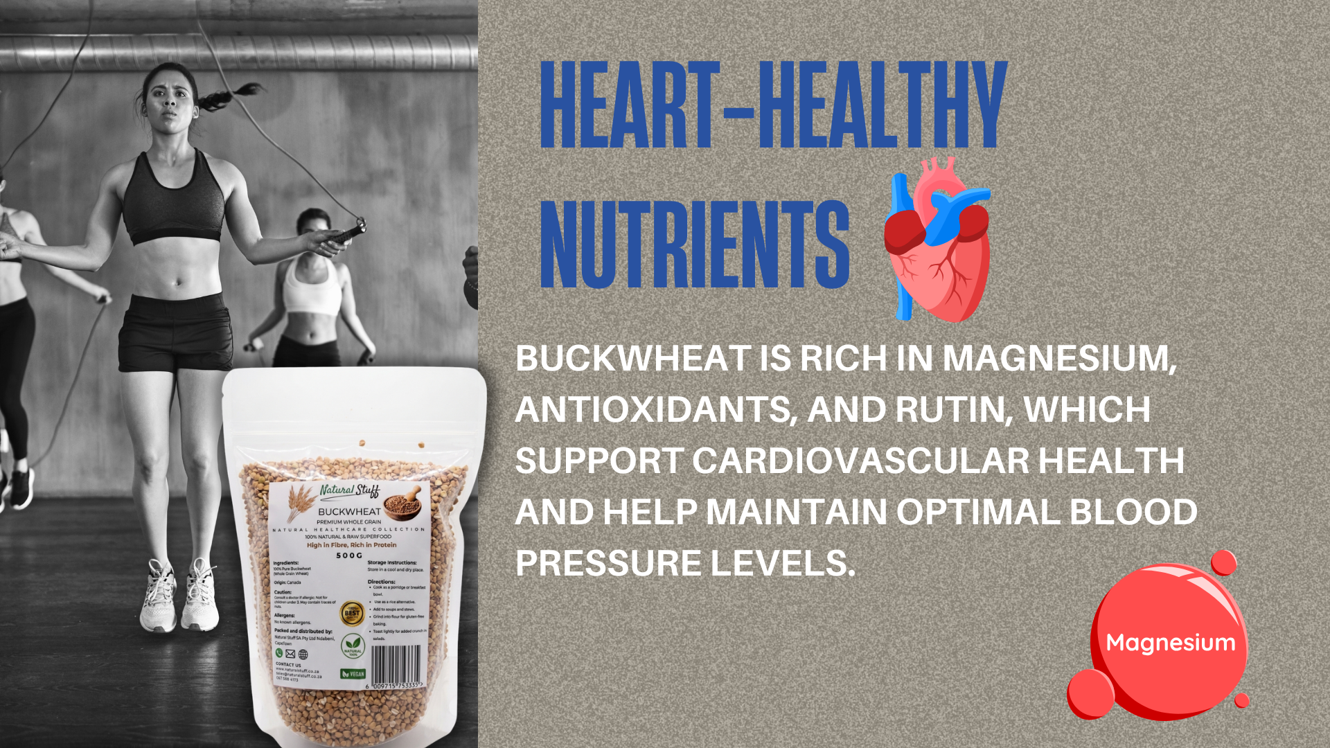 Buckwheat package with promotional text about heart-healthy nutrients and magnesium benefits.