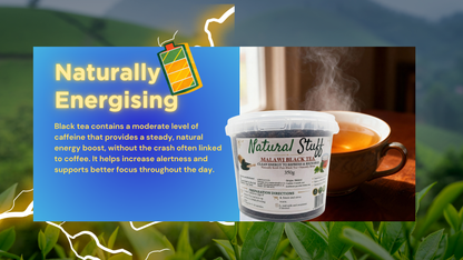 Container of 'Natural Stuff' Malawi Black Tea with text about its naturally energizing properties.