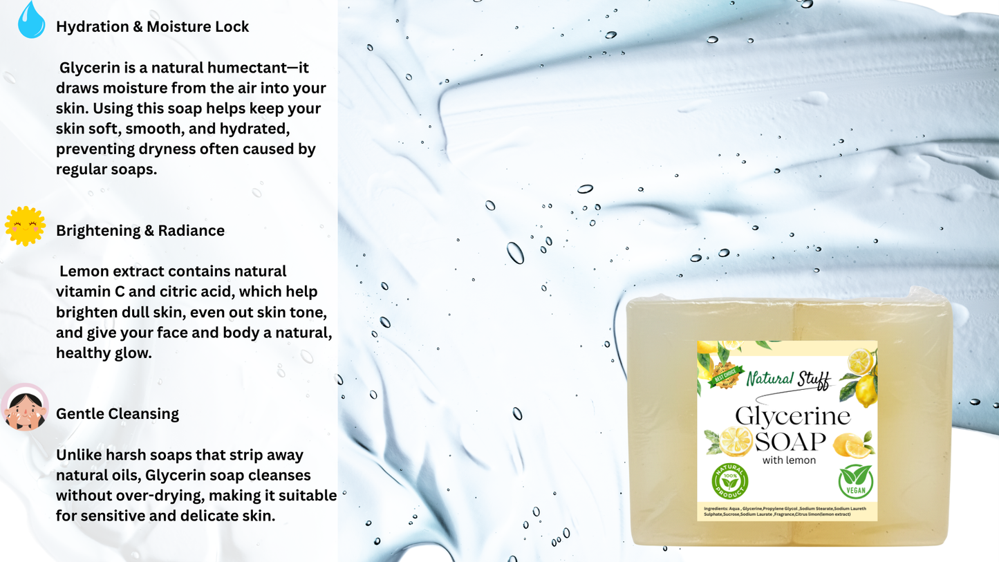 Bar of soap with a label on a background with water droplets