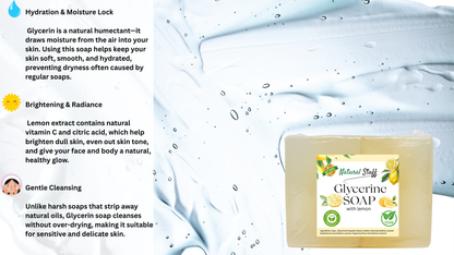 Bar of soap with a label on a background with water droplets