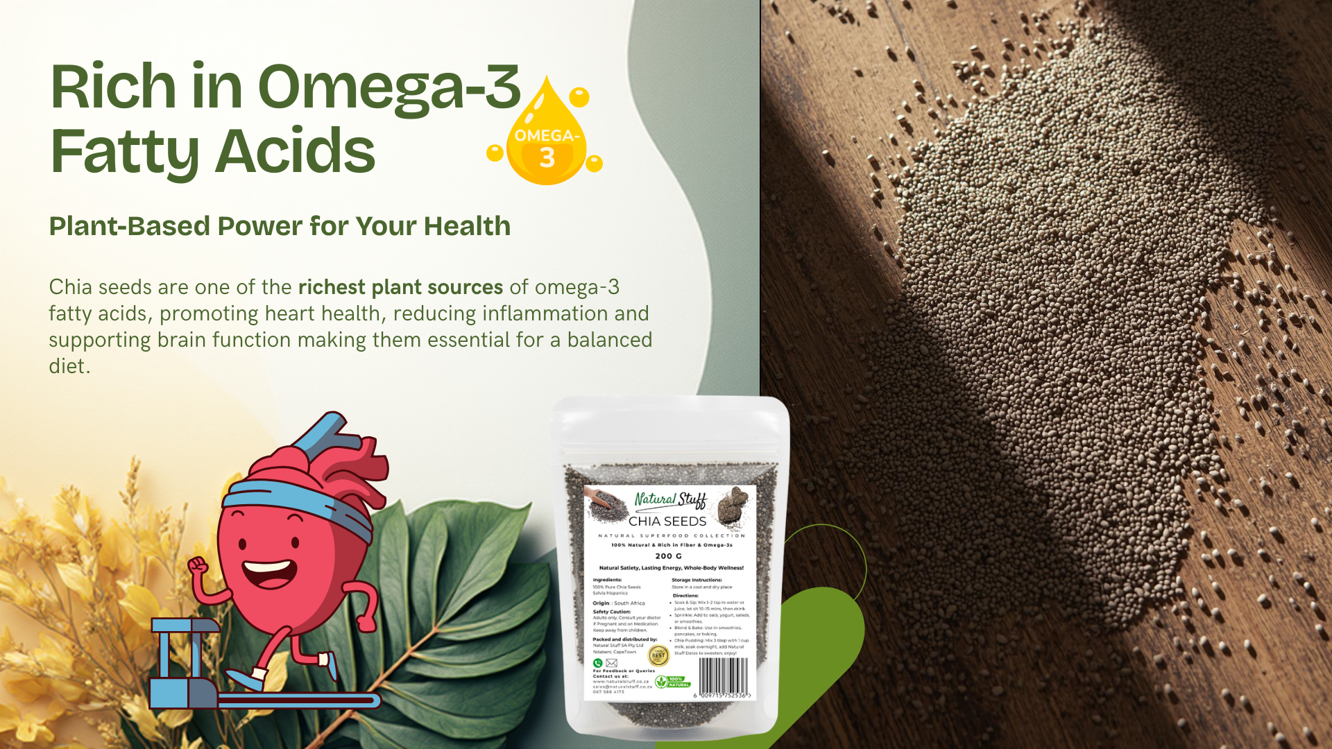 Chia seeds packaging with text about omega-3 fatty acids and a cartoon character on a natural background.