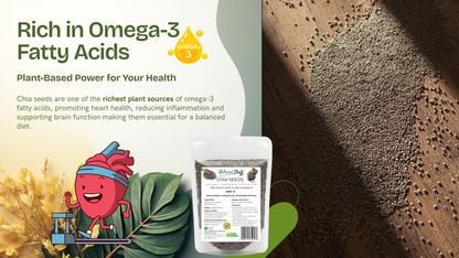 Chia seeds packaging with text about omega-3 fatty acids and a cartoon character on a natural background.