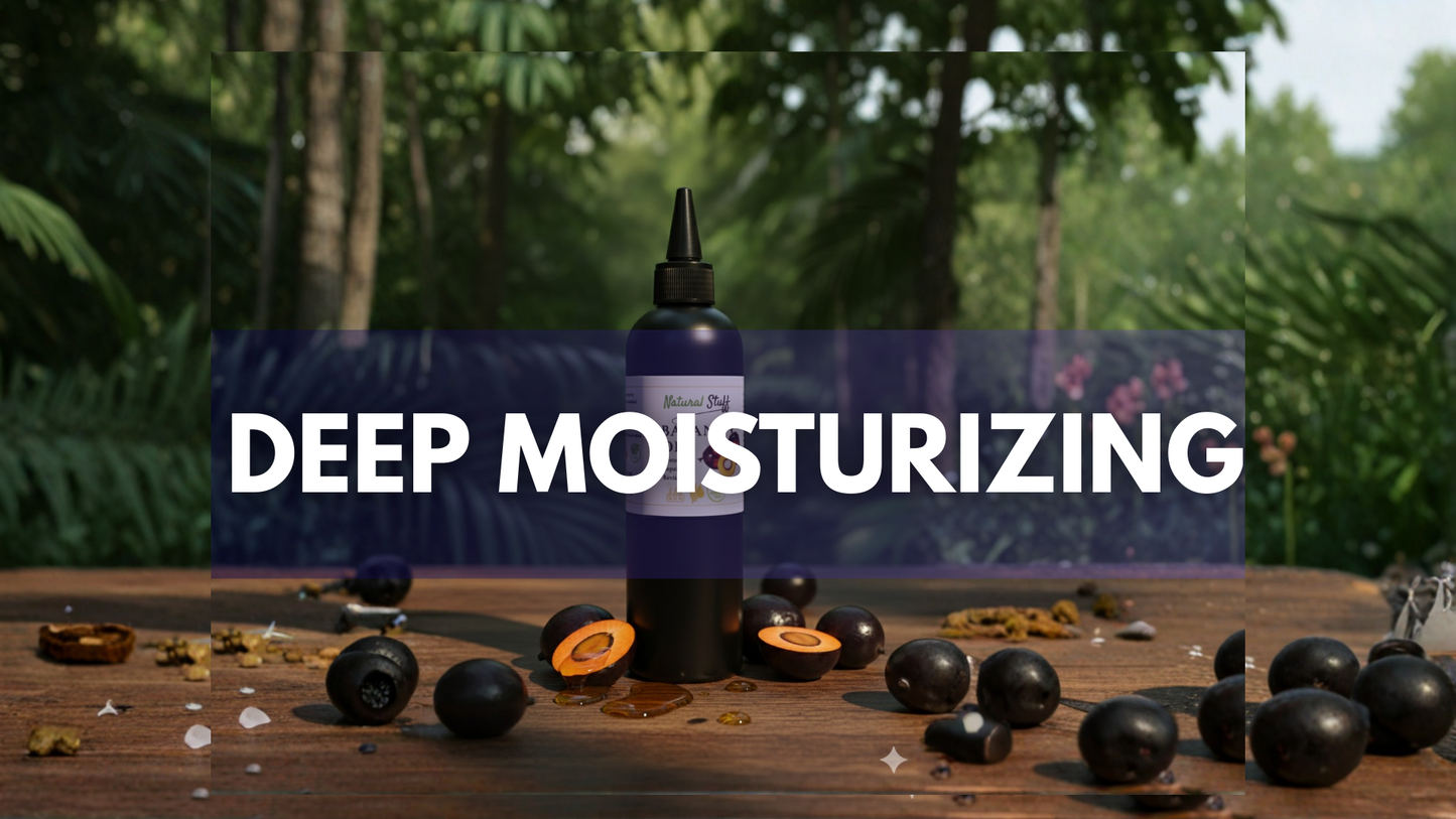 Bottle of deep moisturizing product with blackberries on a wooden surface, forest background