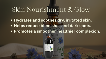 Bottle of skincare product with text about skin nourishment and glow on a blurred natural background.