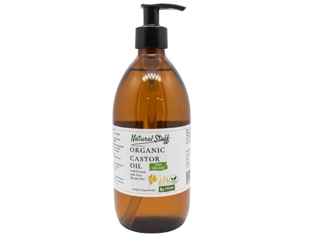 Brown bottle of Organic Castor Oil with pump on a white background