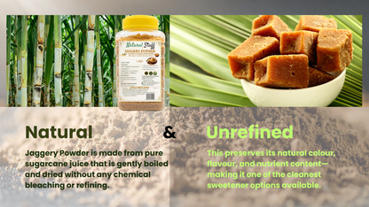 Jaggery powder packaging with sugarcane and jaggery pieces on a natural background