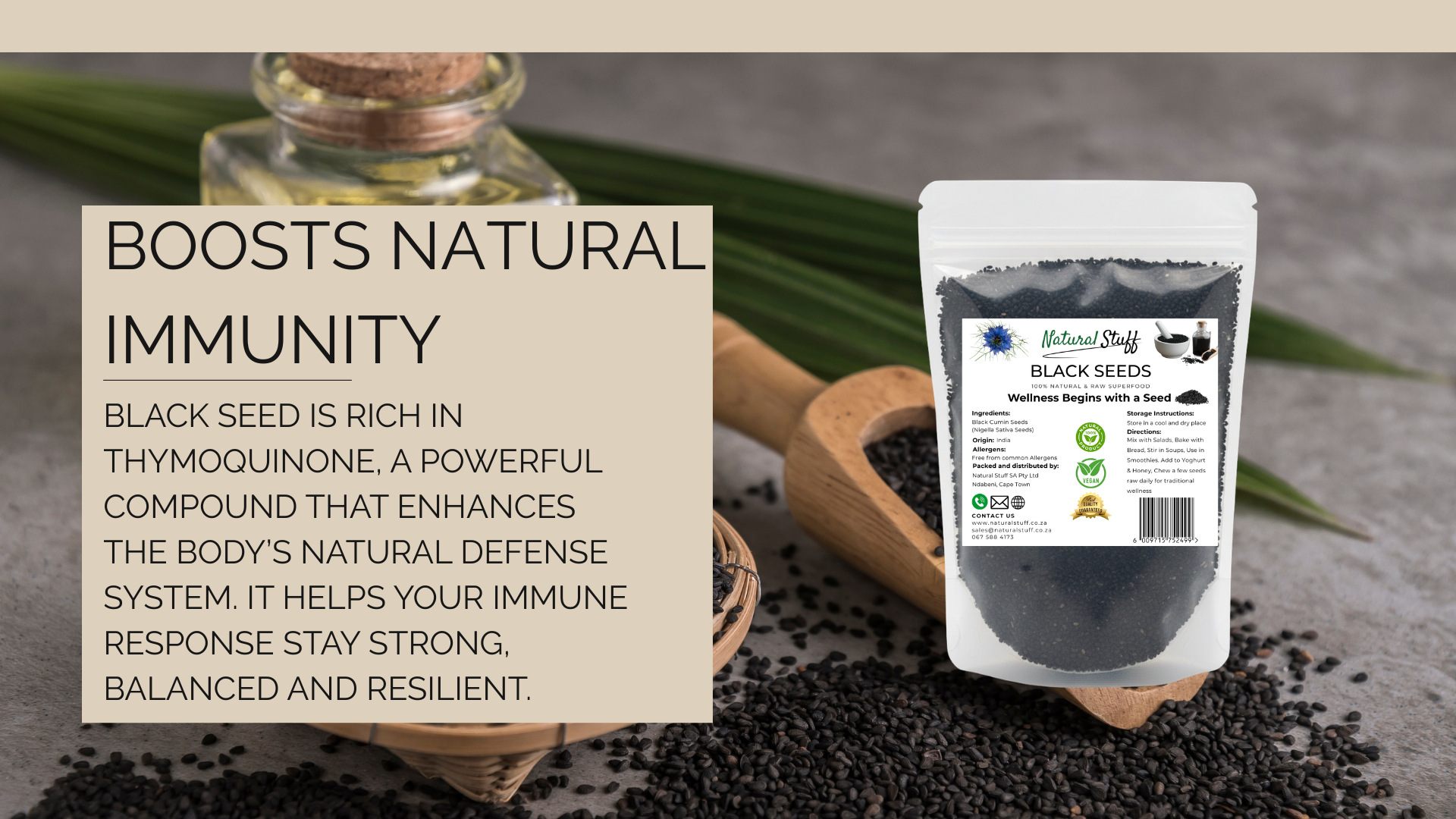 Black seed package with text about boosting immunity on a neutral background