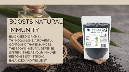 Black seed package with text about boosting immunity on a neutral background