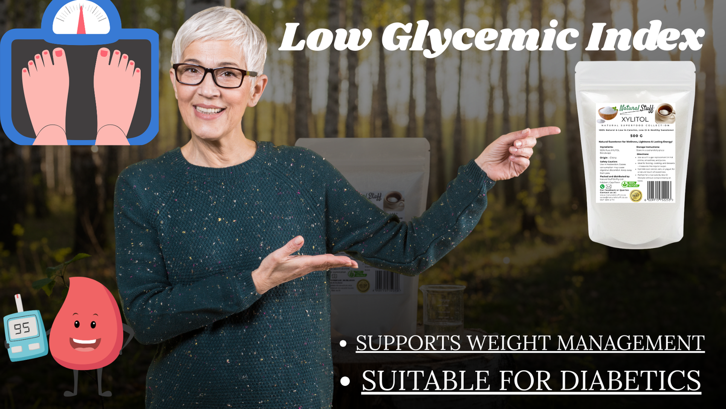 Woman pointing to a package with text about low glycemic index, weight management, and suitability for diabetics.