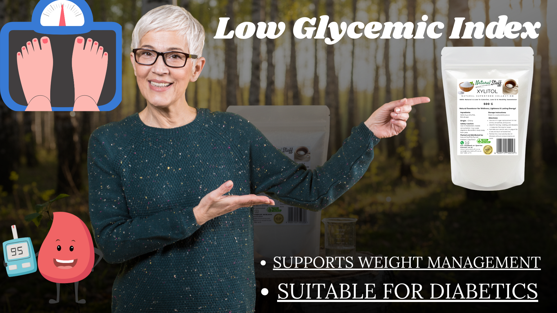 Woman pointing to a package with text about low glycemic index, weight management, and suitability for diabetics.