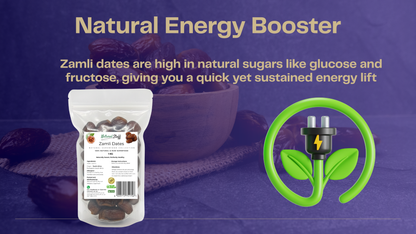 Zamli dates packaging with text about natural energy booster on a purple background