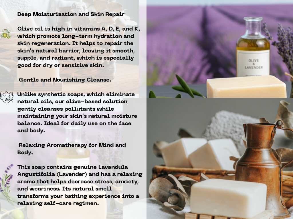 Olive oil soap with lavender and olive oil bottle on a blurred background