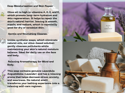 Olive oil soap with lavender and olive oil bottle on a blurred background
