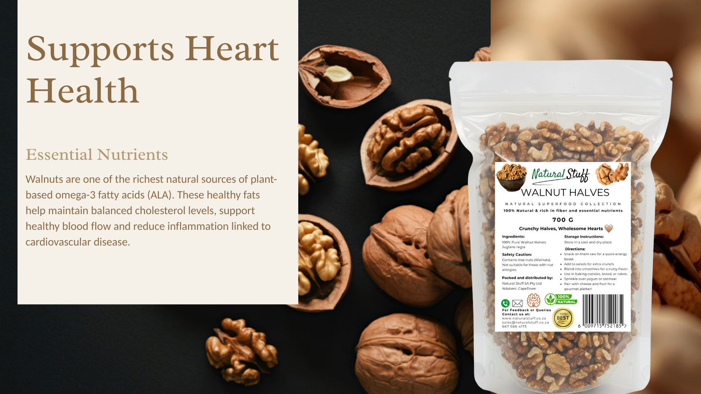 Walnut halves with a packaging label on a dark background, emphasizing heart health benefits.