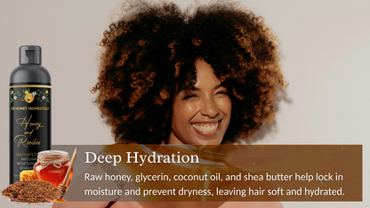 Woman with curly hair next to a bottle of honey product with text about deep hydration.