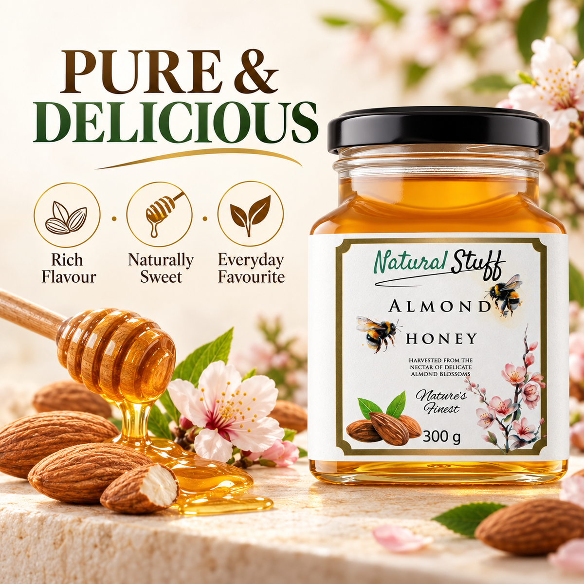 Natural Stuff Almond Honey 300g – 100% Pure Honey with a Rich Nutty Flavour