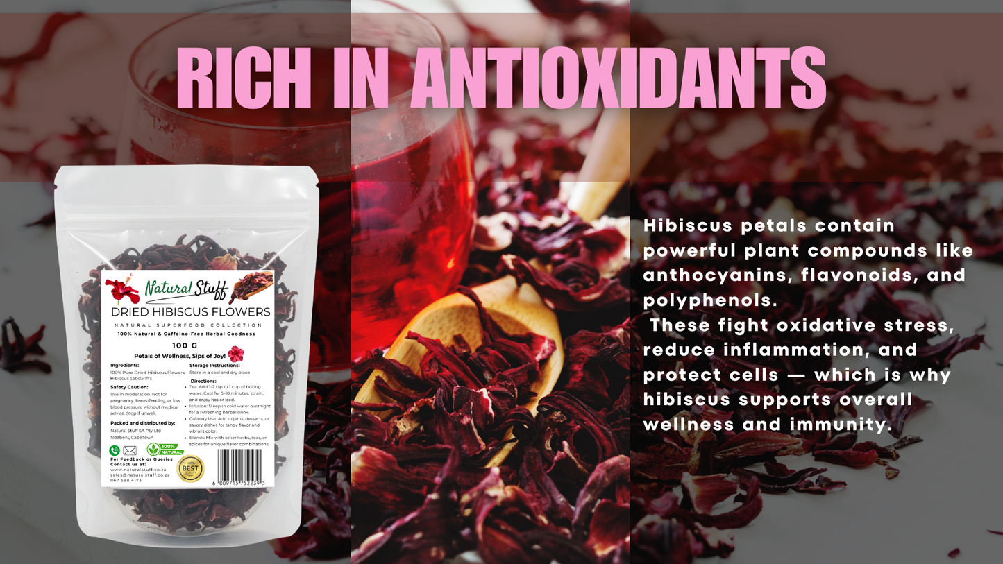Hibiscus flowers packaging with text about antioxidants and health benefits.