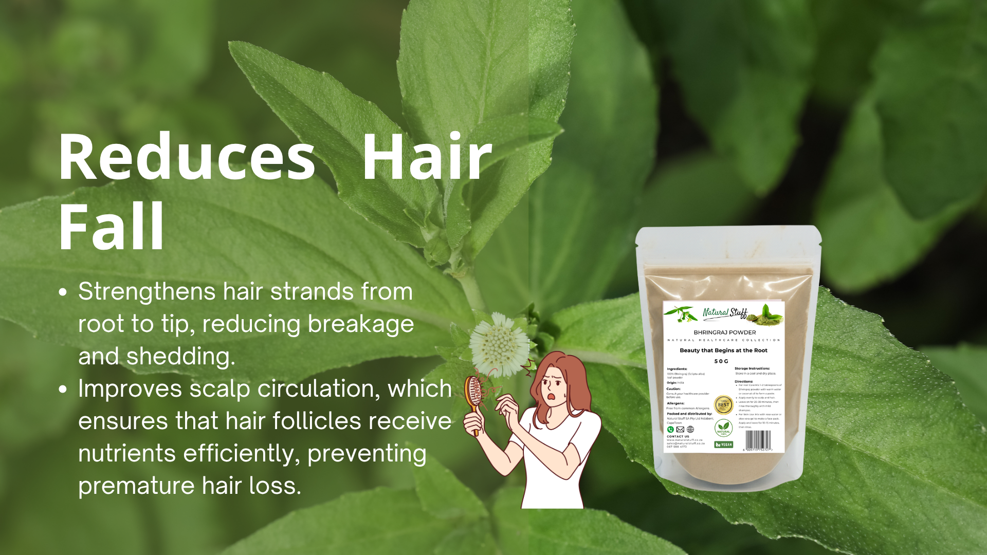 Product packaging with text on hair care benefits on a green leafy background
