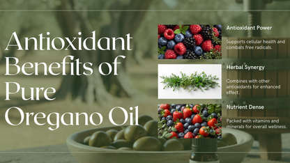 Promotional graphic about the antioxidant benefits of pure oregano oil with images of fruits and herbs.