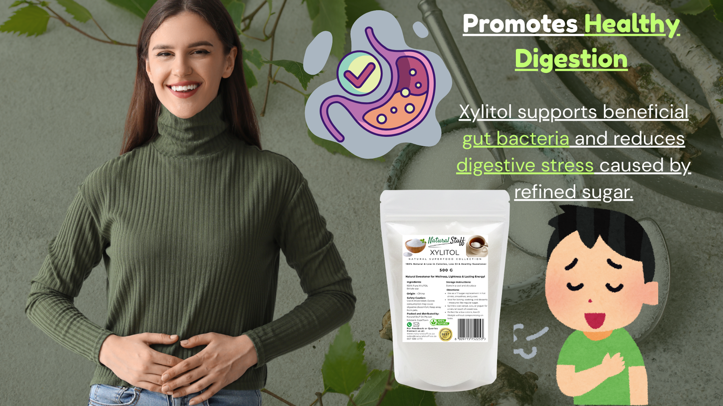 Woman standing next to a package of xylitol with health benefits text on a green background