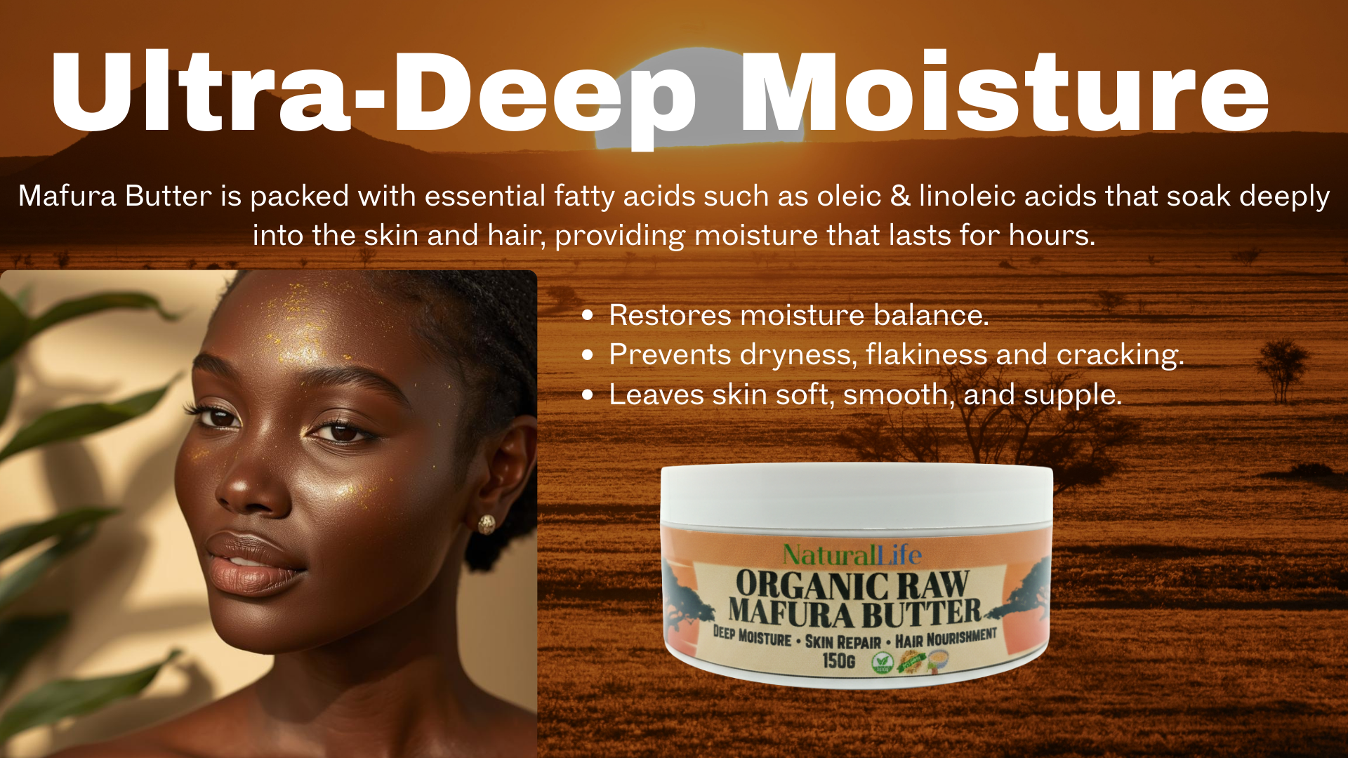 Advertisement for Mafura Butter with a woman's face and product packaging on a wooden background.