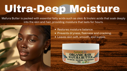 Advertisement for Mafura Butter with a woman's face and product packaging on a wooden background.