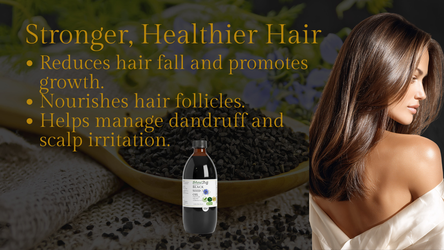 Hair care product with text about hair health benefits and a woman with long hair.
