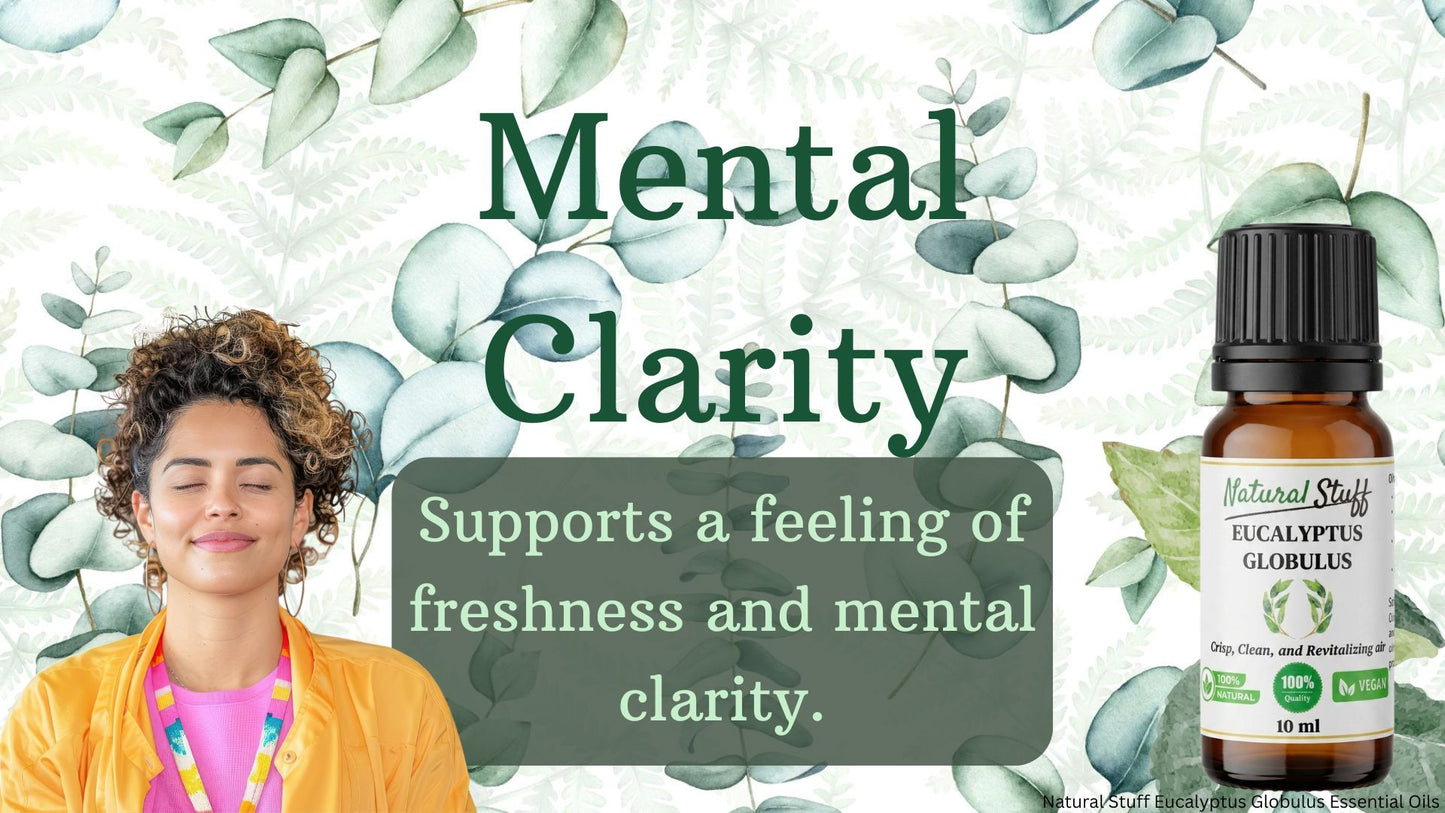 Text saying 'Mental Clarity' with a woman and a bottle of essential oil.