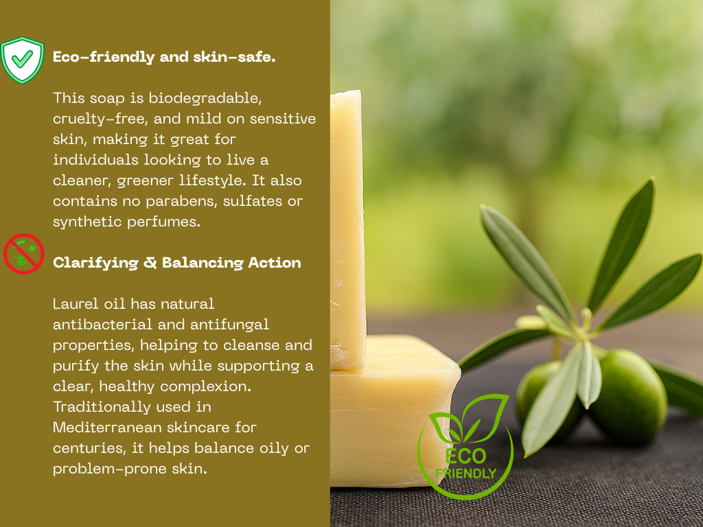 Bar of soap with olive leaves and text about eco-friendliness and skin safety.