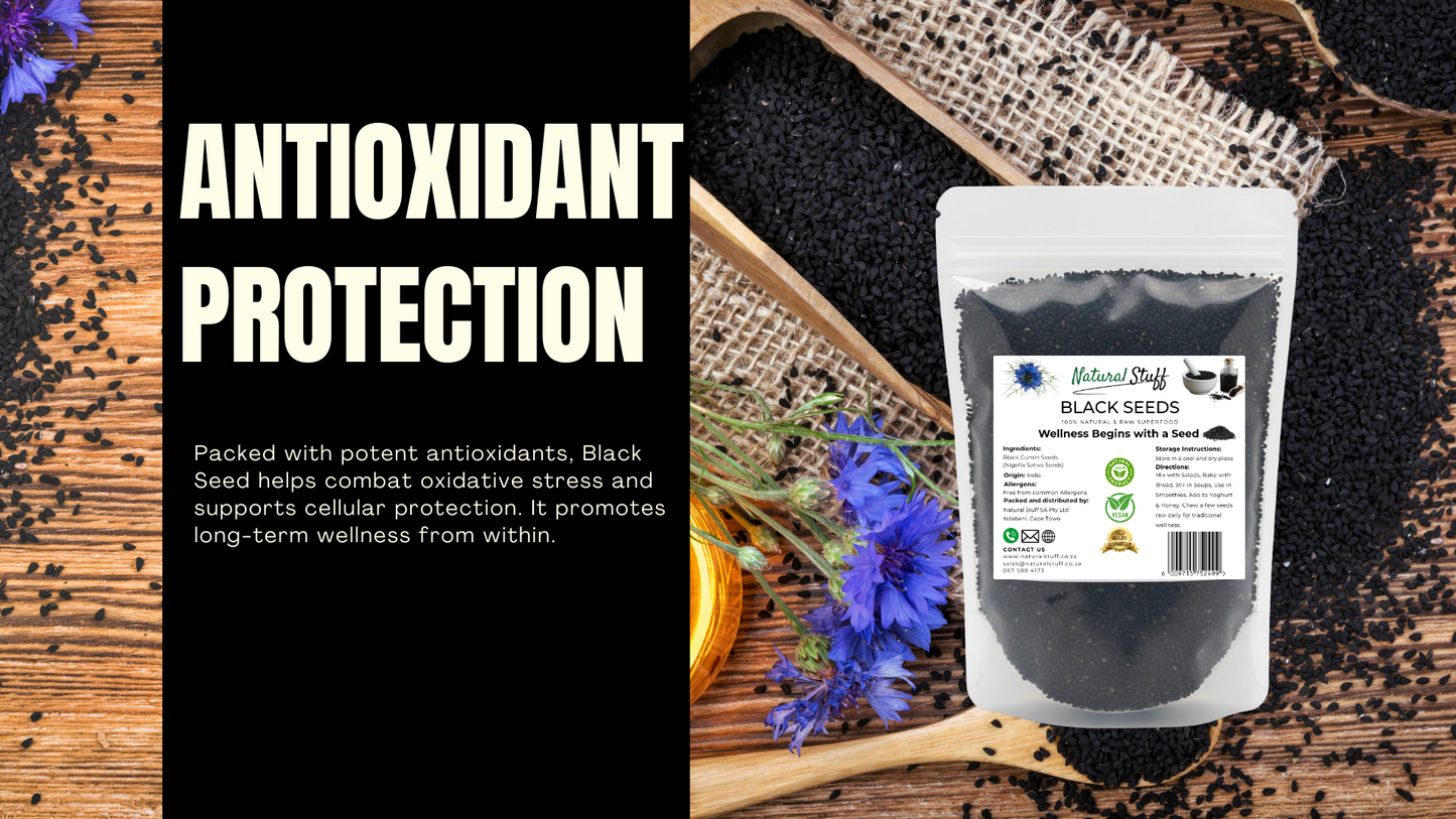 Black seed package with text about antioxidant protection on a wooden background