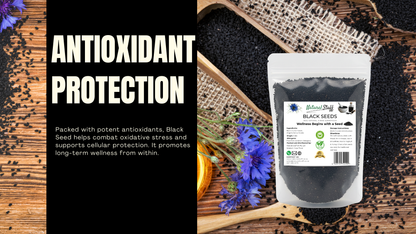 Black seed package with text about antioxidant protection on a wooden background