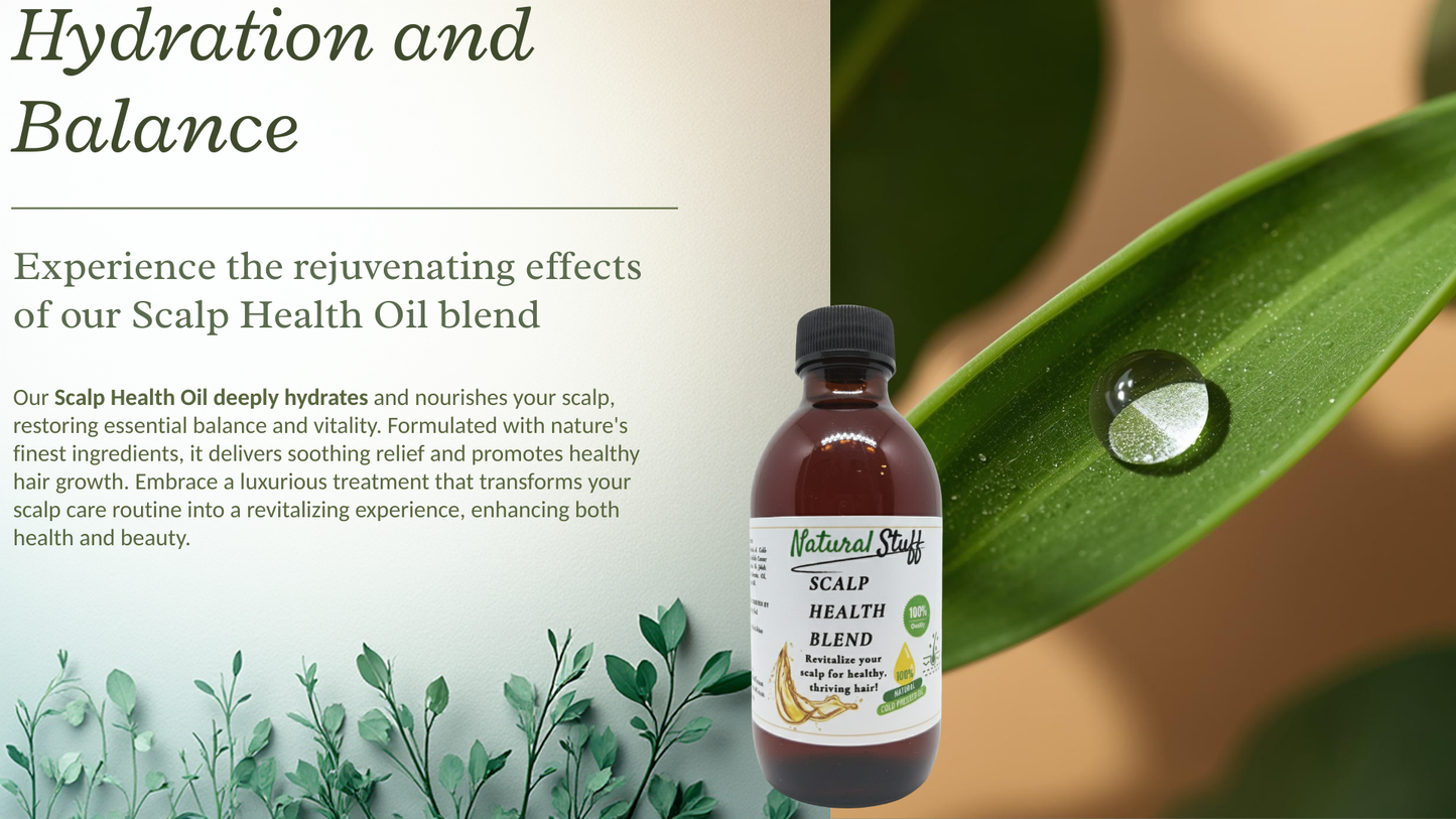 Bottle of Natural Stuff Scalp Health Oil blend with green leaves and water droplets on a beige background