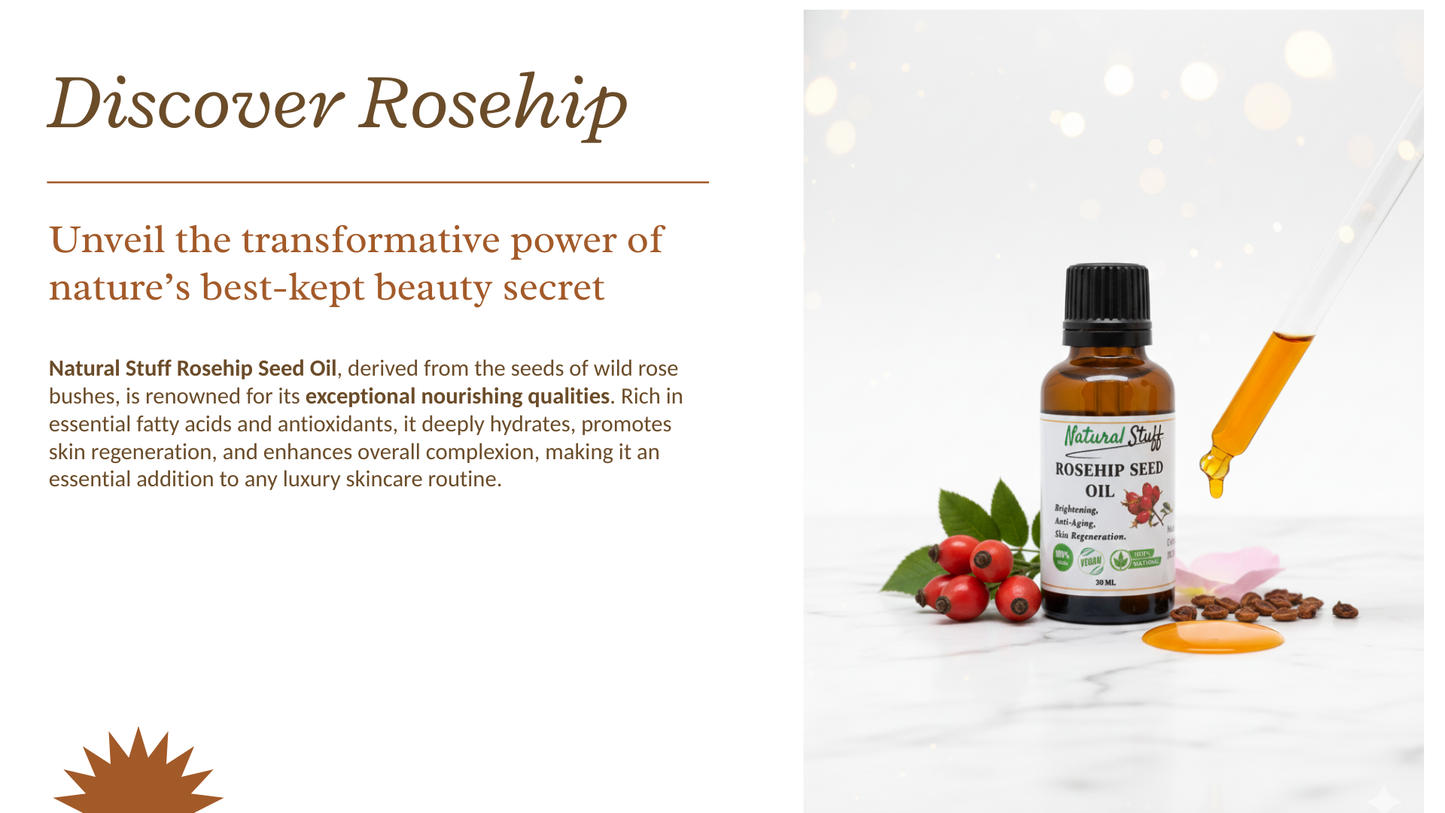 Rosehip seed oil bottle with rosehips and seeds on a white background