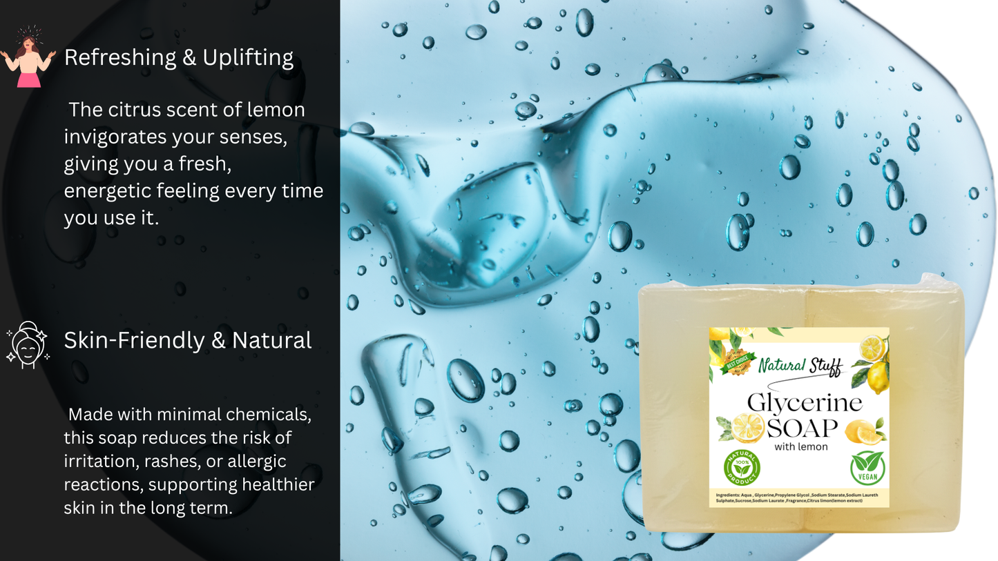 Glycerine soap bar with lemon scent on a blue water droplet background