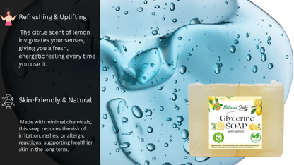 Glycerine soap bar with lemon scent on a blue water droplet background