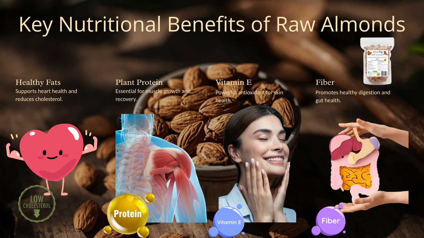 Infographic on the nutritional benefits of raw almonds with images and text.