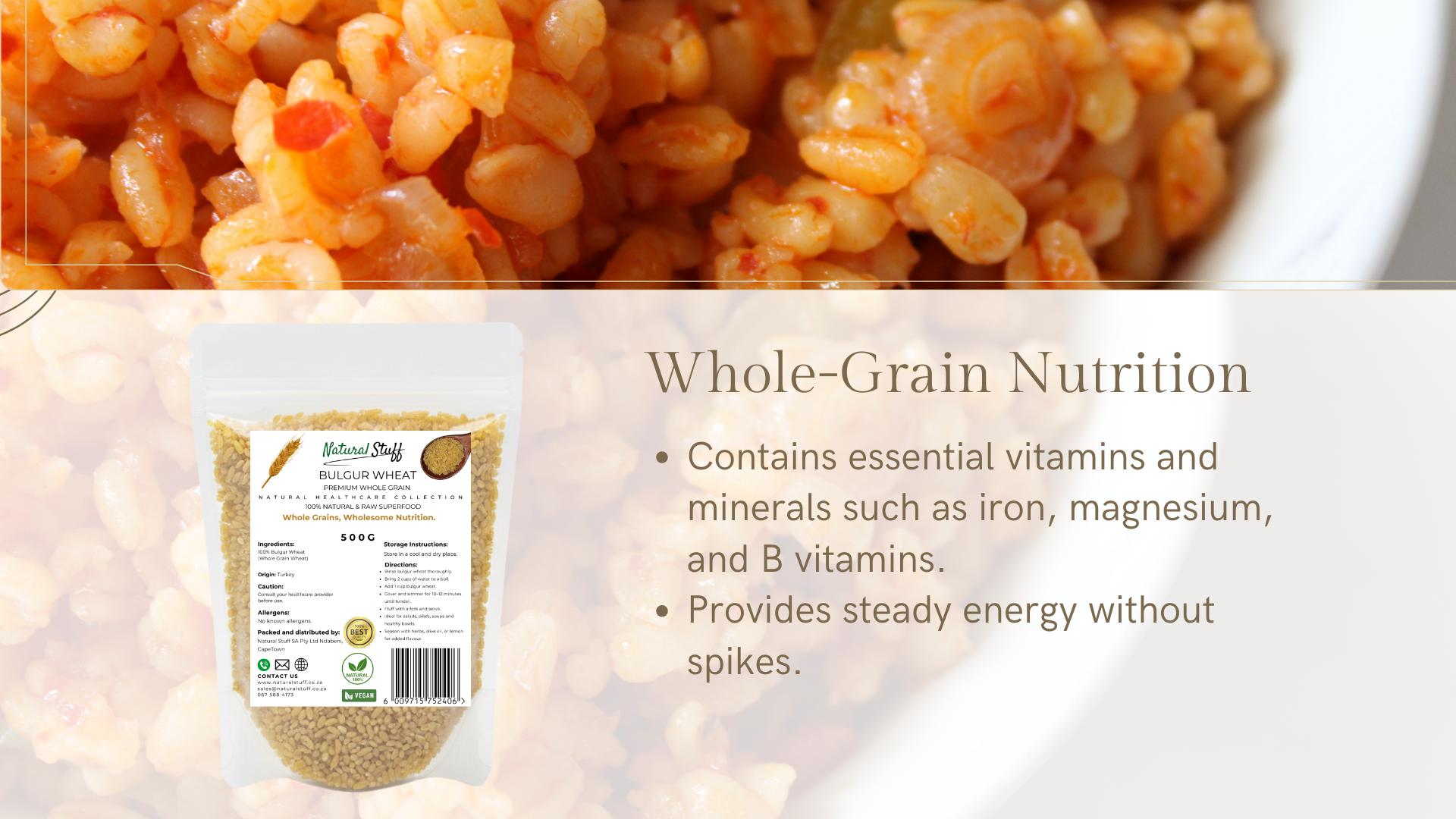 Whole-grain product with nutritional information on a blurred background
