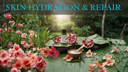 Skincare product with pomegranates and flowers on a natural background, promoting skin hydration and repair.