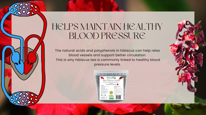 Hibiscus flower with a diagram of a heart and text about maintaining healthy blood pressure.