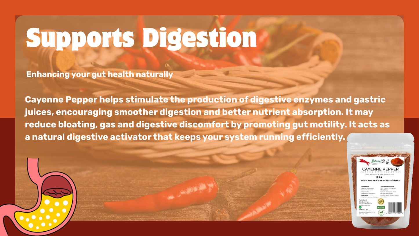 Advertisement for cayenne pepper packaging with text about digestive health on a wooden background.