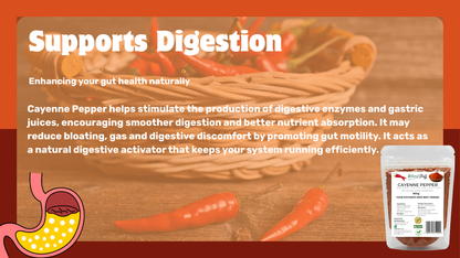 Advertisement for cayenne pepper packaging with text about digestive health on a wooden background.