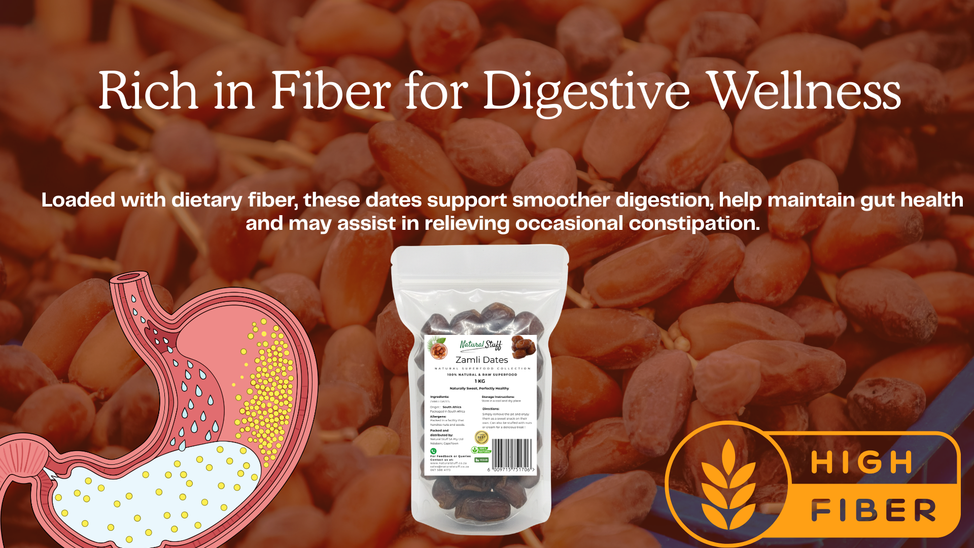 Packaging of dates with text about fiber benefits and a stylized illustration of a stomach.