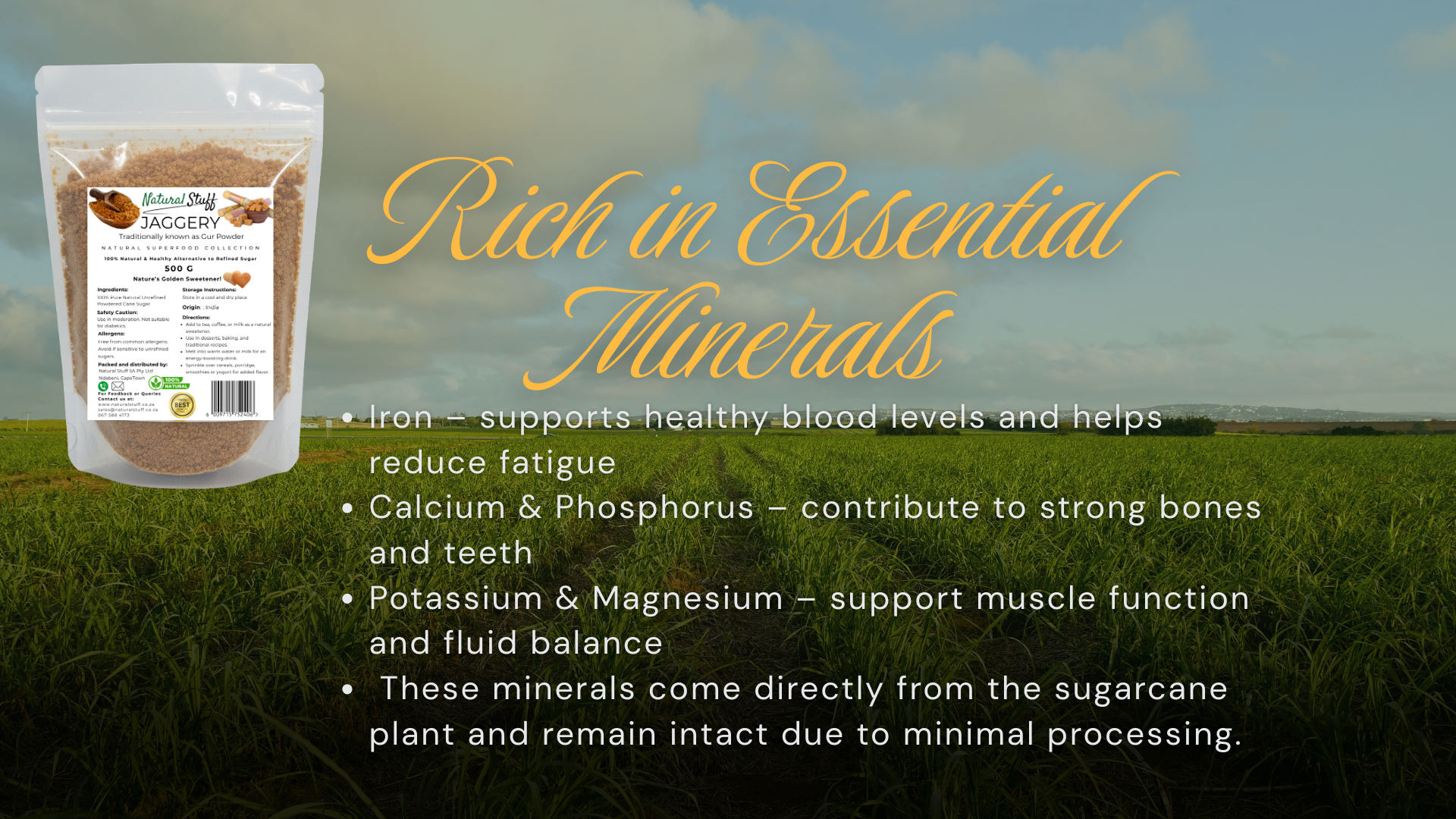 Jaggery packaging with nutritional information on a grassy field background