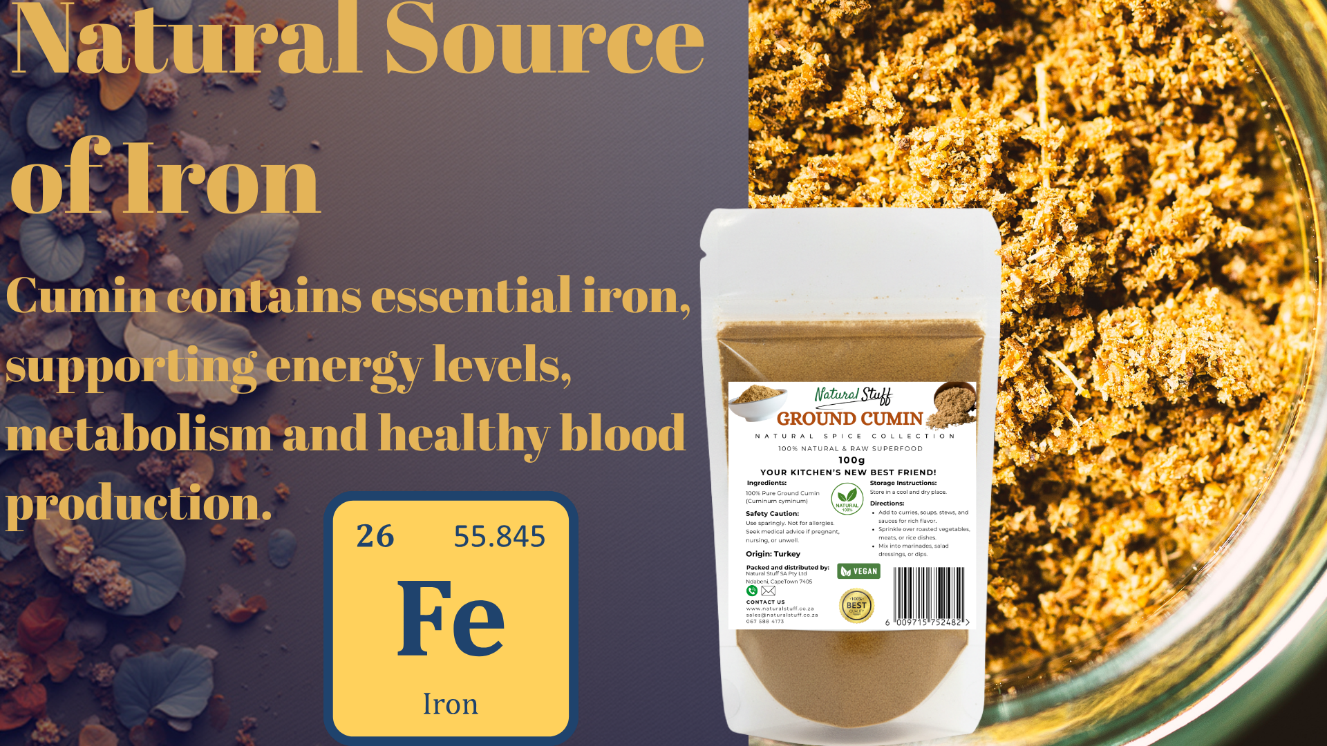 Ground cumin package with iron content information on a dark background