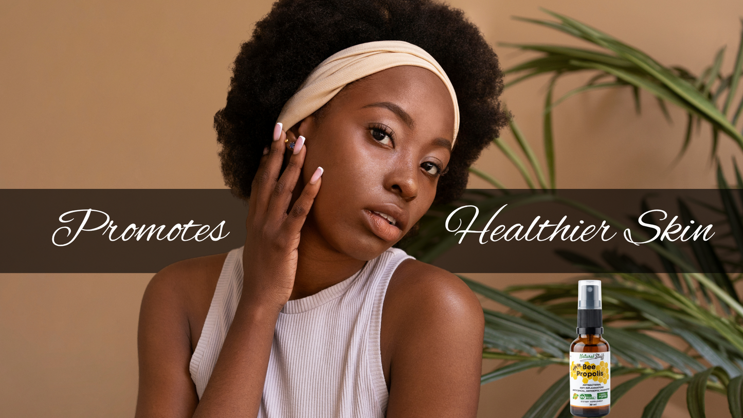 Woman with natural hair and a headband, with text promoting healthier skin and a bottle of skincare product.