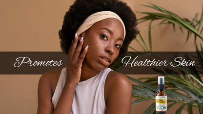 Woman with natural hair and a headband, with text promoting healthier skin and a bottle of skincare product.
