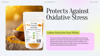Turmeric powder packaging with text about antioxidants and oxidative stress on a gradient background