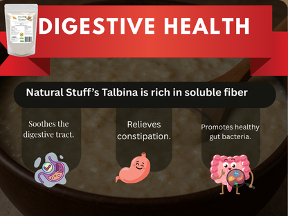 Advertisement for Natural Stuff's Talbina fiber supplement with cartoon illustrations of a digestive tract and gut bacteria.